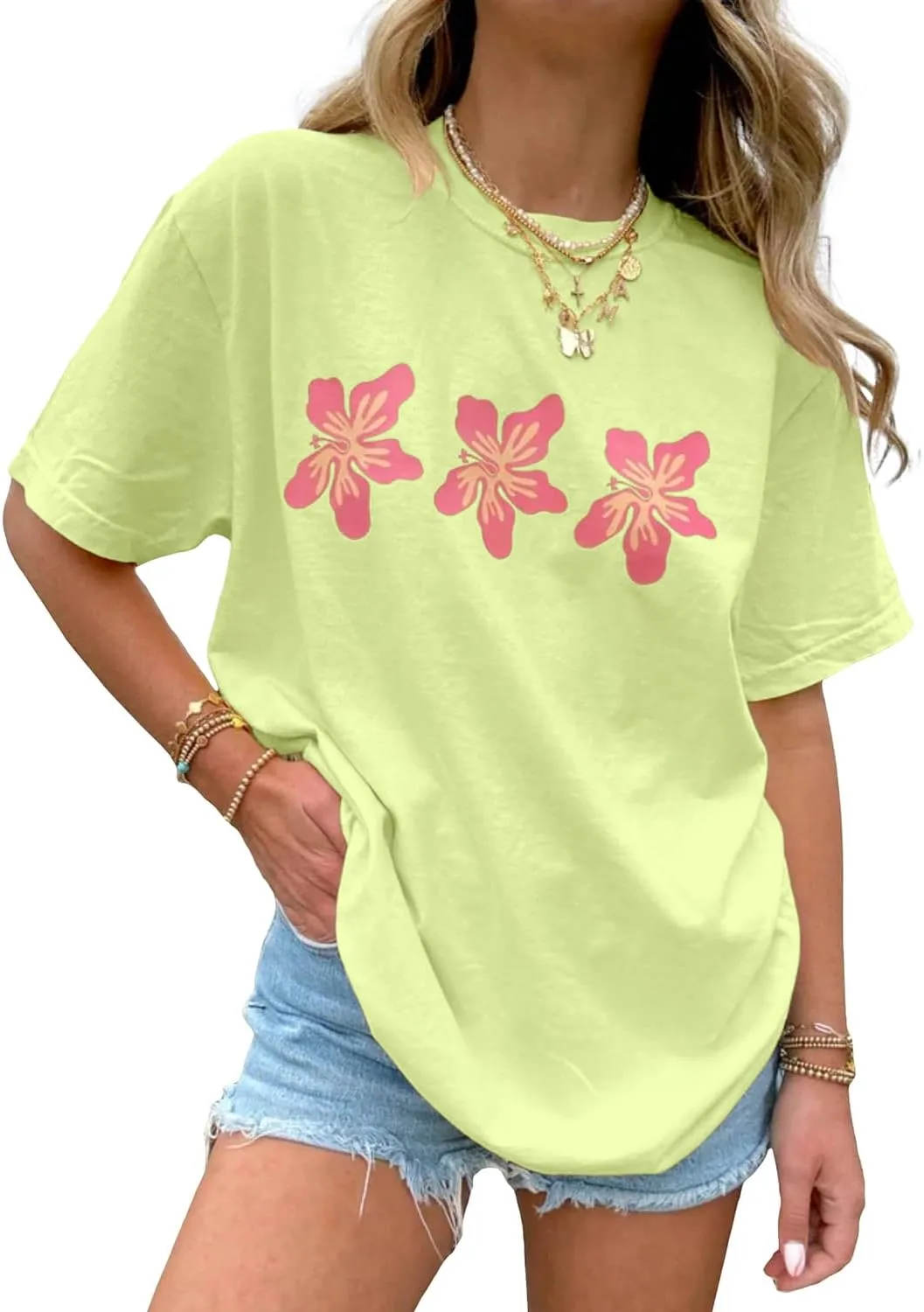 BAIGRAM Women Oversized Floral Graphic Tee Shirt Top Y2K Aesthetic Cotton Short Sleeve Summer Beach Coastal Tshirt Going Out