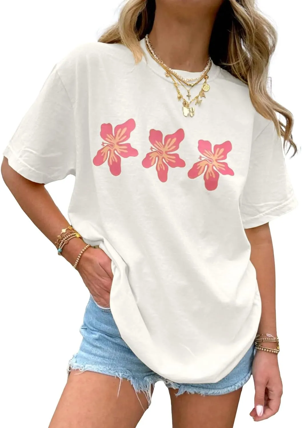 BAIGRAM Women Oversized Floral Graphic Tee Shirt Top Y2K Aesthetic Cotton Short Sleeve Summer Beach Coastal Tshirt Going Out