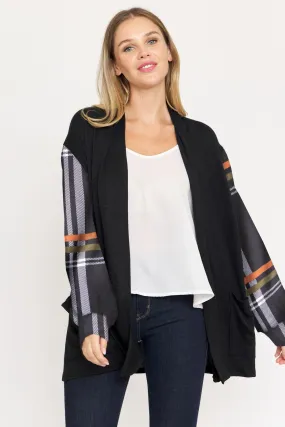 Black Plaid Sleeve Drop Shoulder Open Cardigan