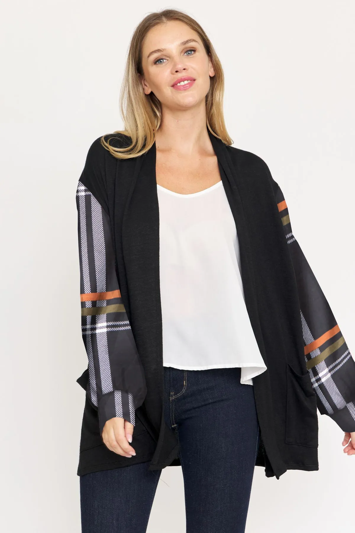 Black Plaid Sleeve Drop Shoulder Open Cardigan