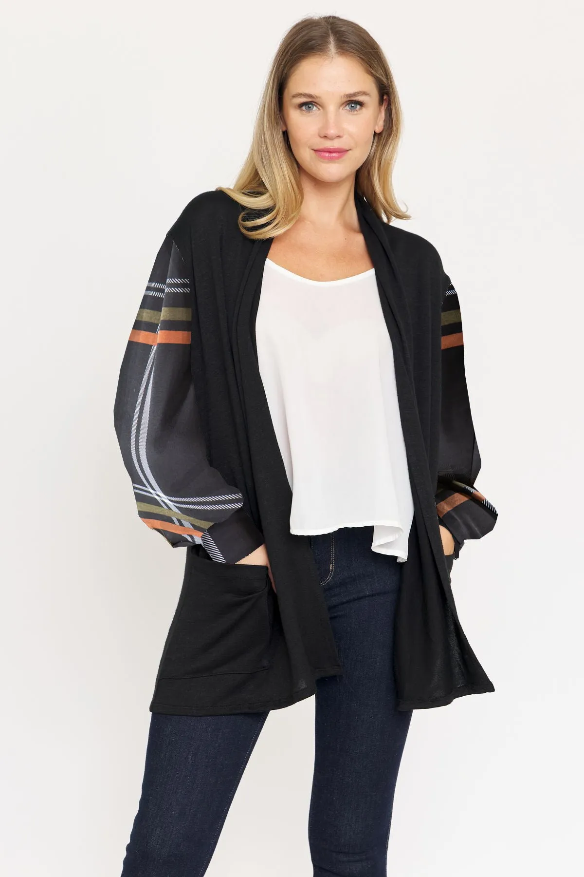 Black Plaid Sleeve Drop Shoulder Open Cardigan