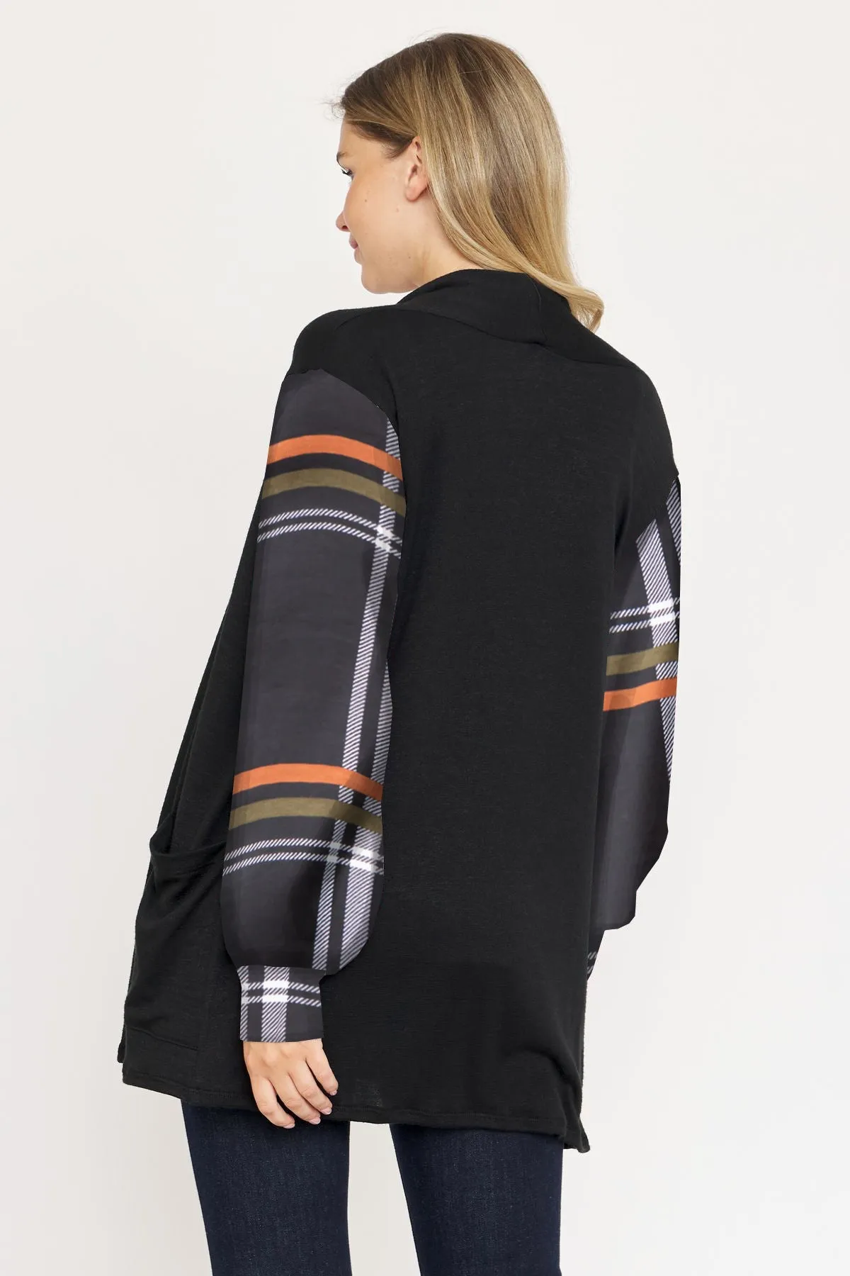 Black Plaid Sleeve Drop Shoulder Open Cardigan