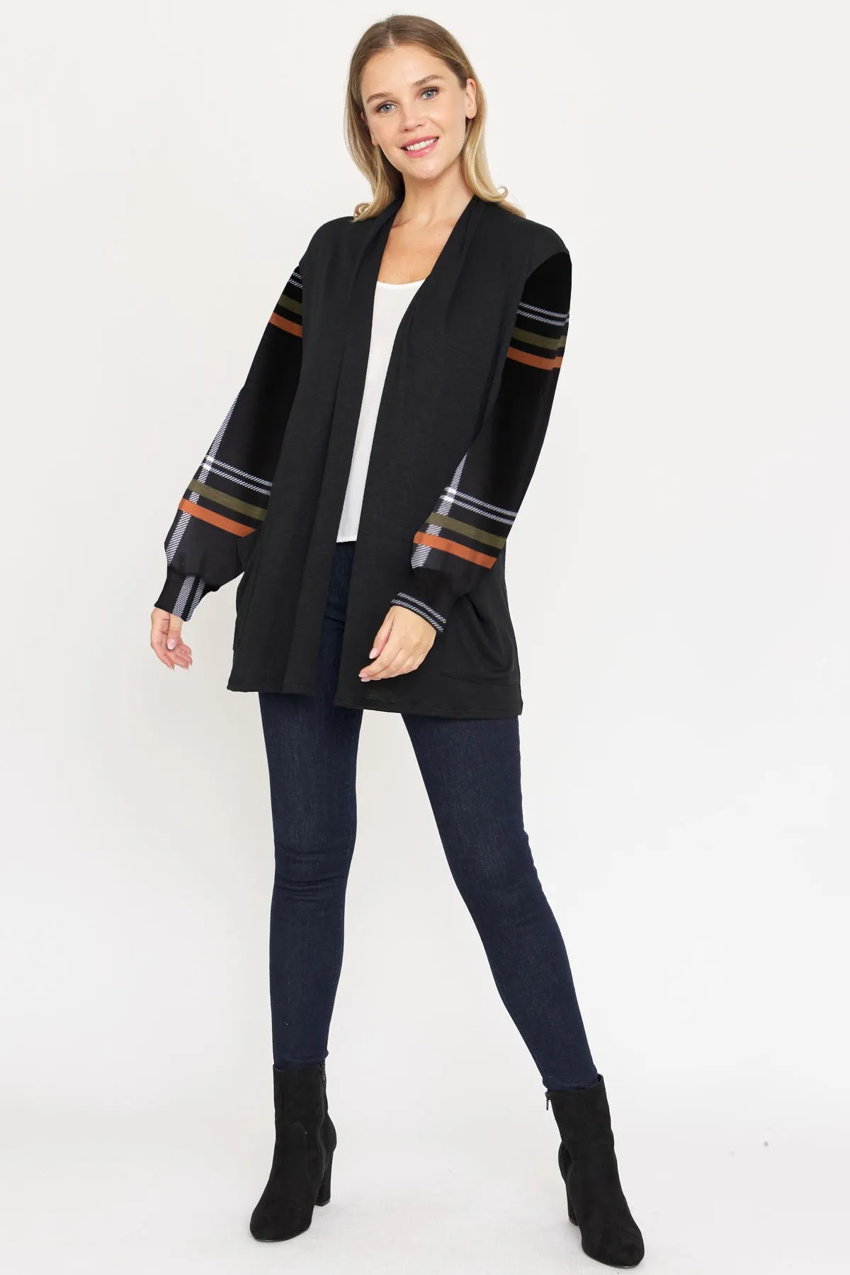 Black Plaid Sleeve Drop Shoulder Open Cardigan