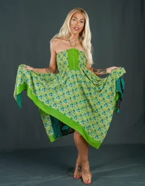 Boho Festival Silk Strapless Shades of Green Dress Convertible to Skirt