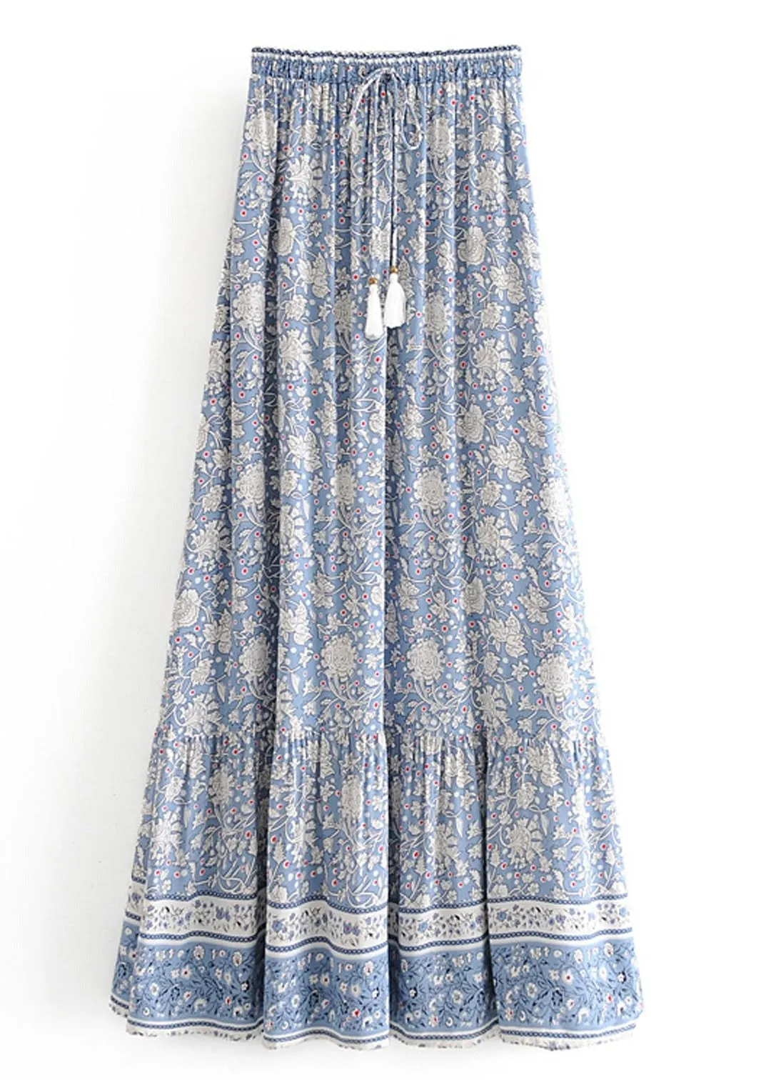 Boho Long flared Skirt blue floral white patterned