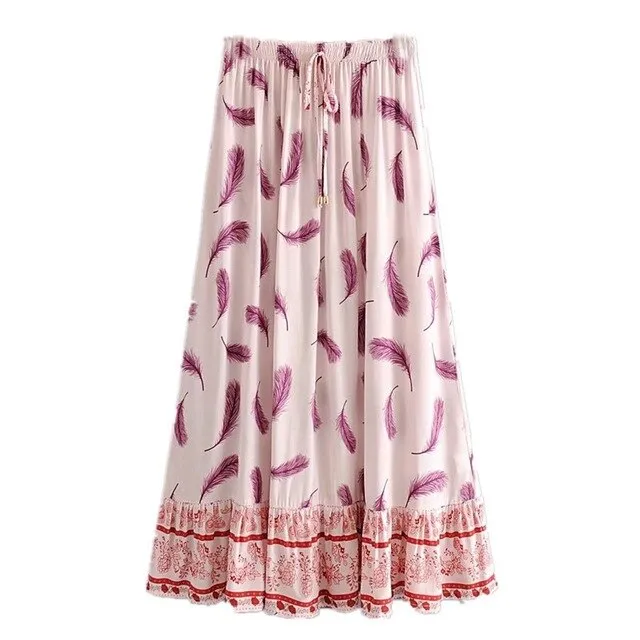 Boho Skirt, Hippie Skirts, Maxi Skirt, Feather in Pink