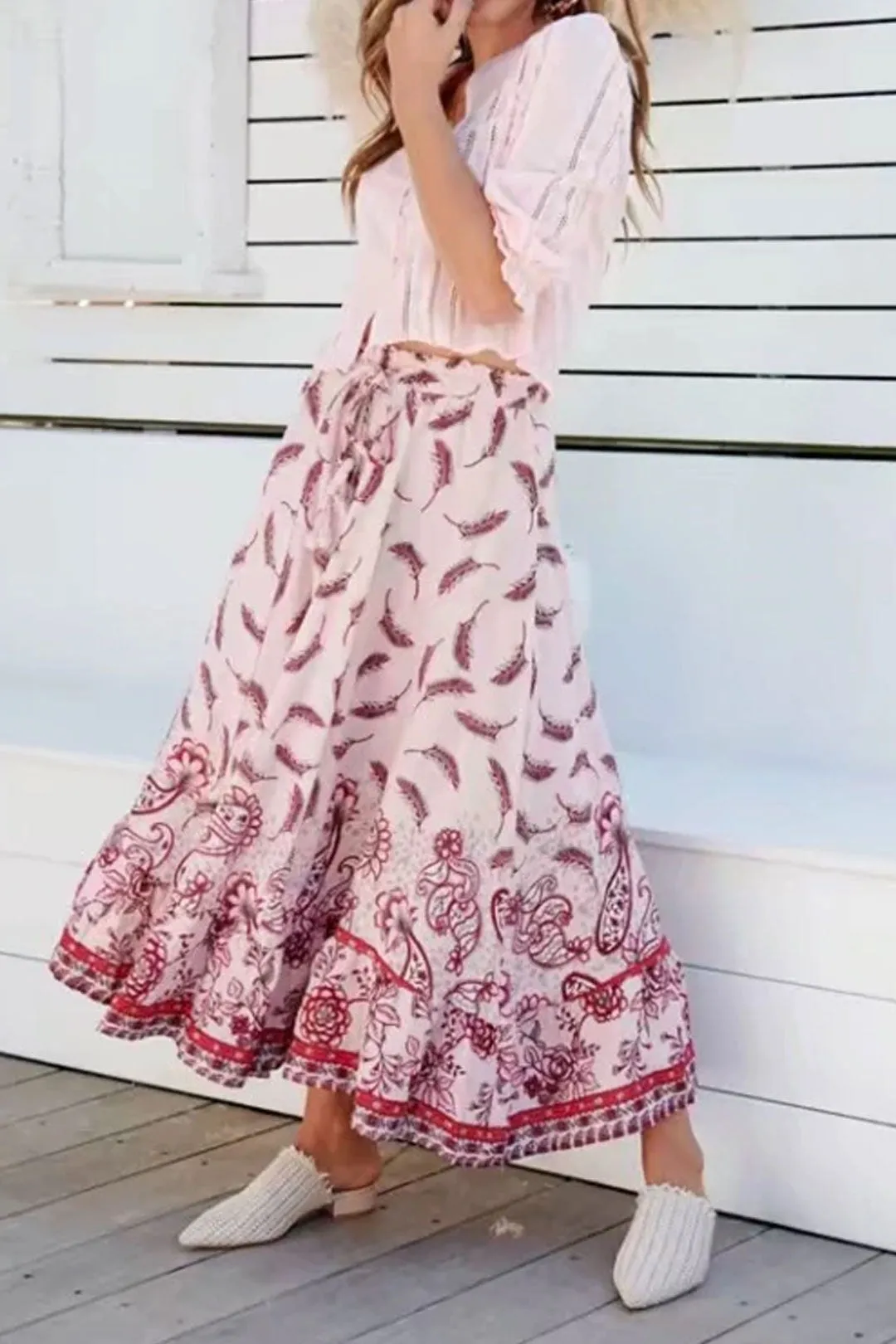 Boho Skirt, Hippie Skirts, Maxi Skirt, Feather in Pink