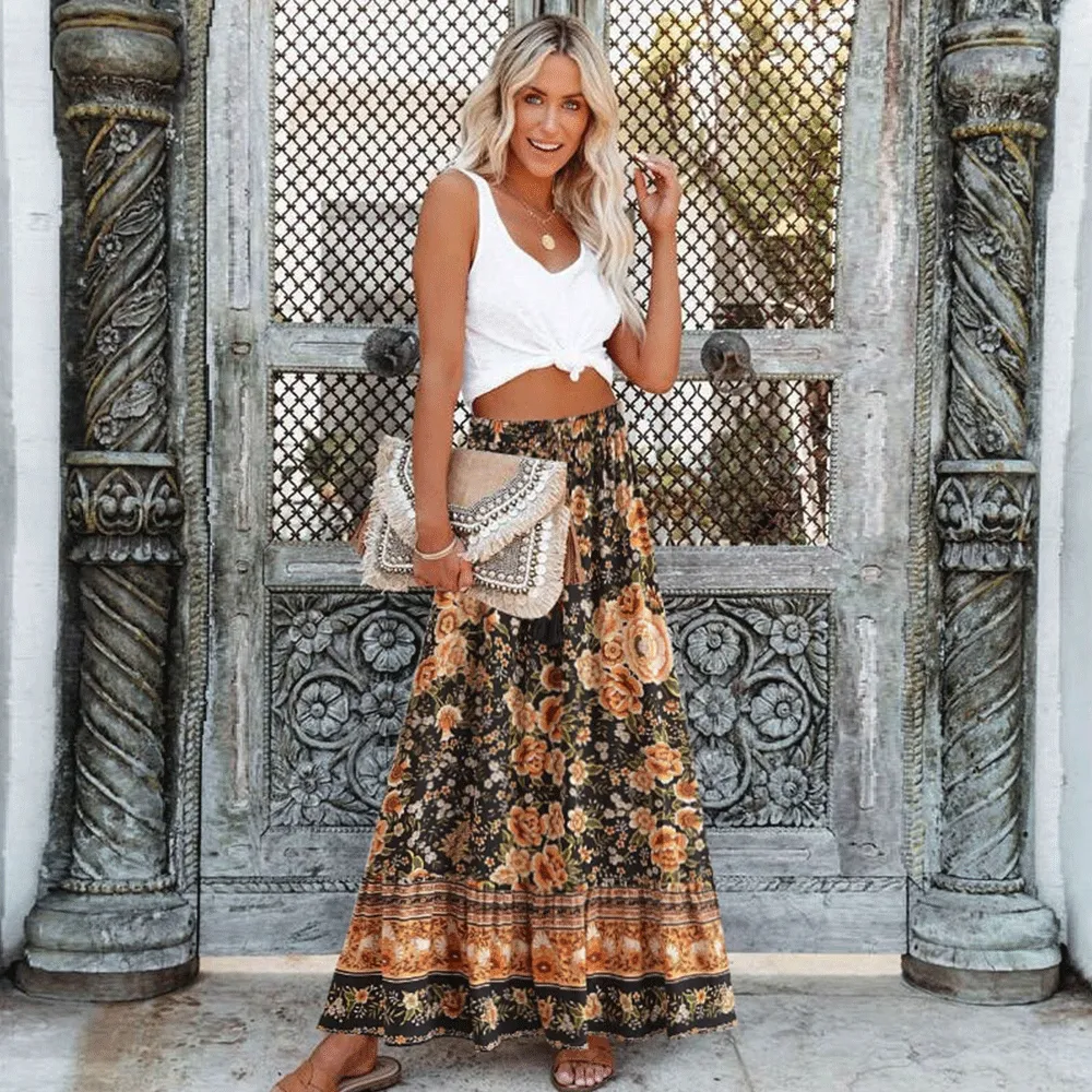 Boho Skirt, Hippie Skirts, Maxi Skirt, Maryam Black Gold Flower