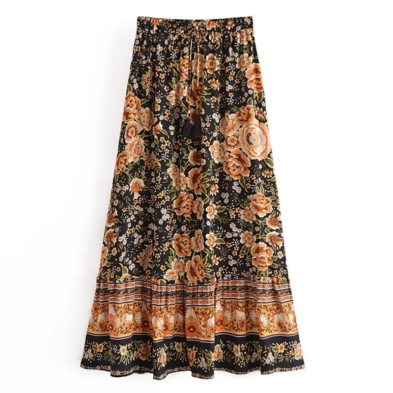 Boho Skirt, Hippie Skirts, Maxi Skirt, Maryam Black Gold Flower