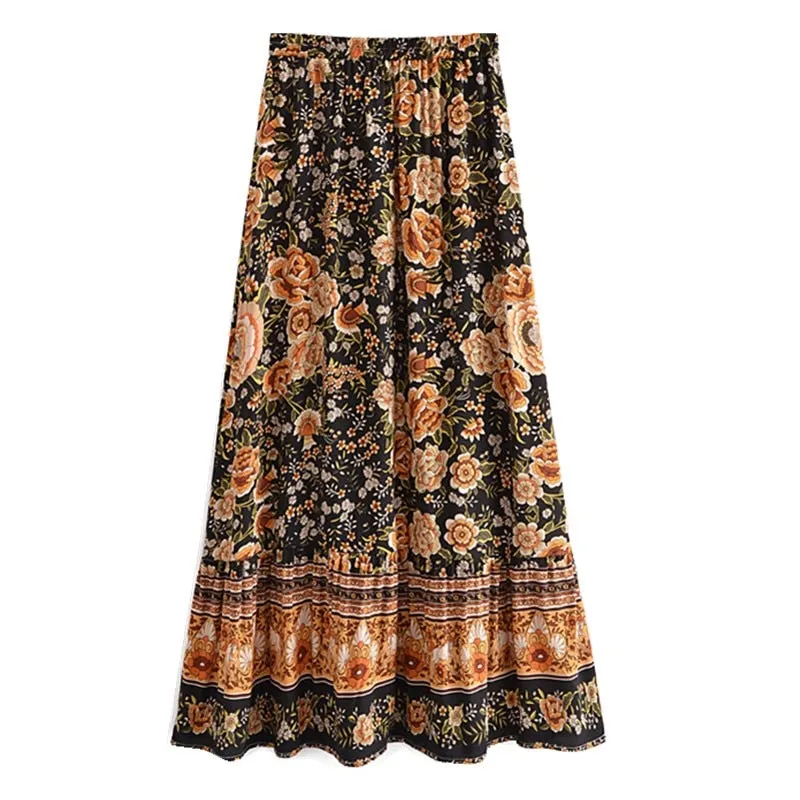 Boho Skirt, Hippie Skirts, Maxi Skirt, Maryam Black Gold Flower