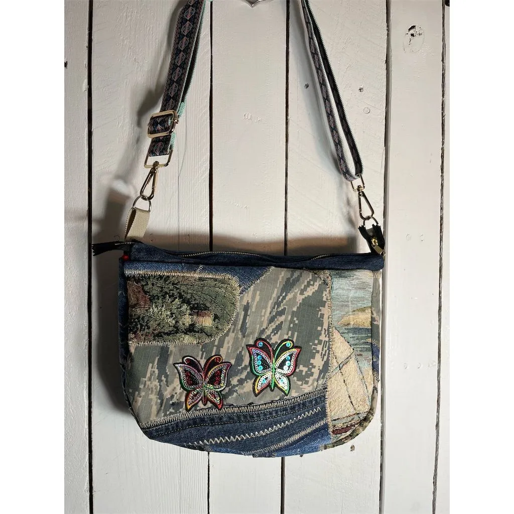 Carla Lidia’s Bags Women's Blue Denim Butterfly Crossbody Bag Adjustable Strap
