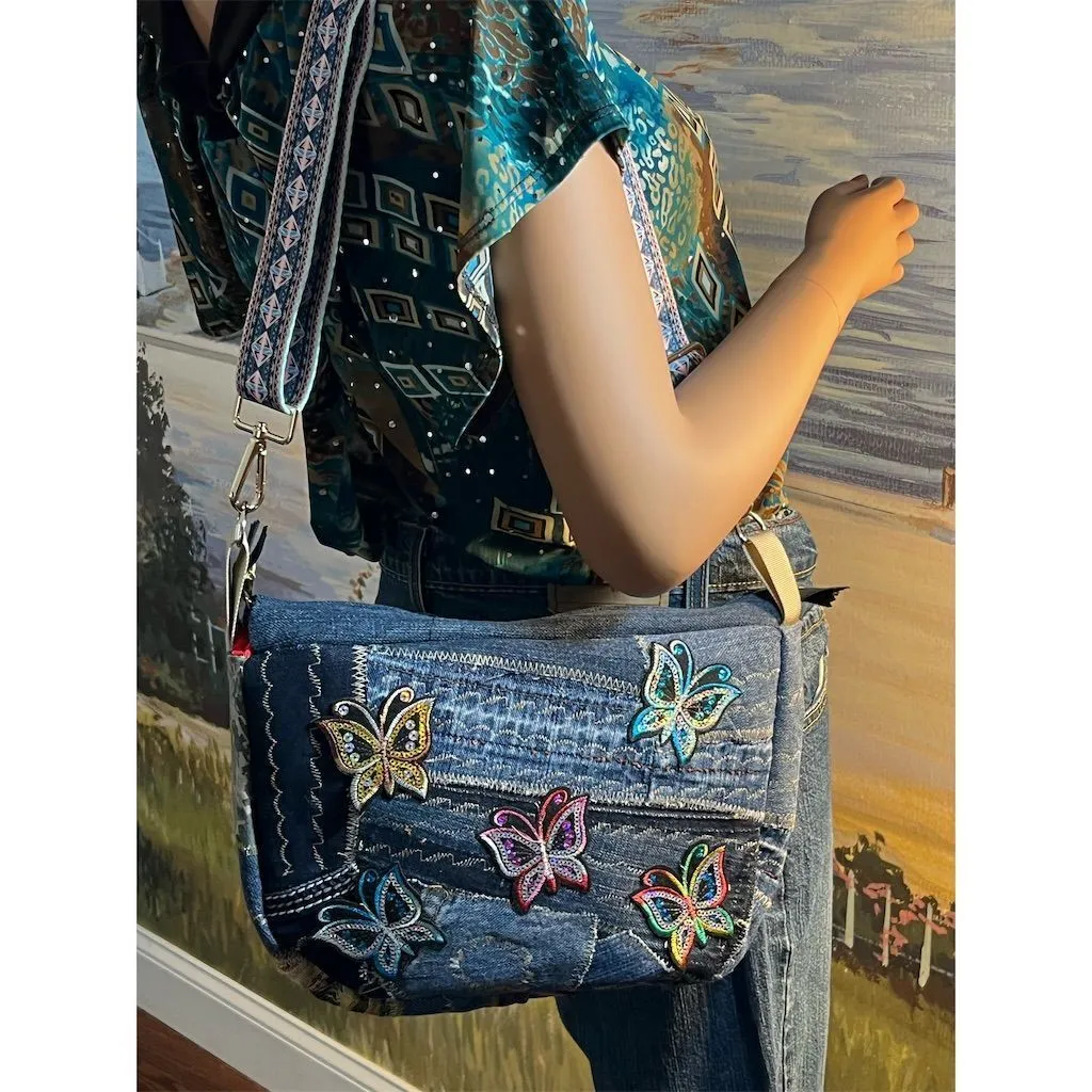 Carla Lidia’s Bags Women's Blue Denim Butterfly Crossbody Bag Adjustable Strap