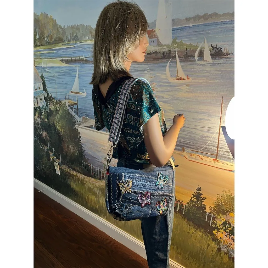 Carla Lidia’s Bags Women's Blue Denim Butterfly Crossbody Bag Adjustable Strap
