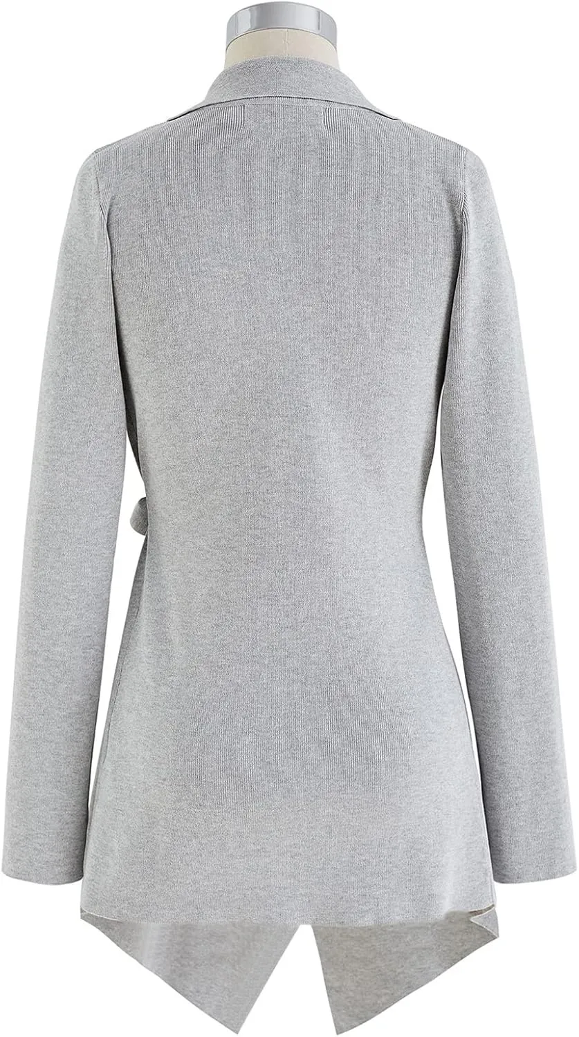 CHICWISH Women's Wide Lapel Tie Waist Knit Cardigan Coatigan Light Jacket