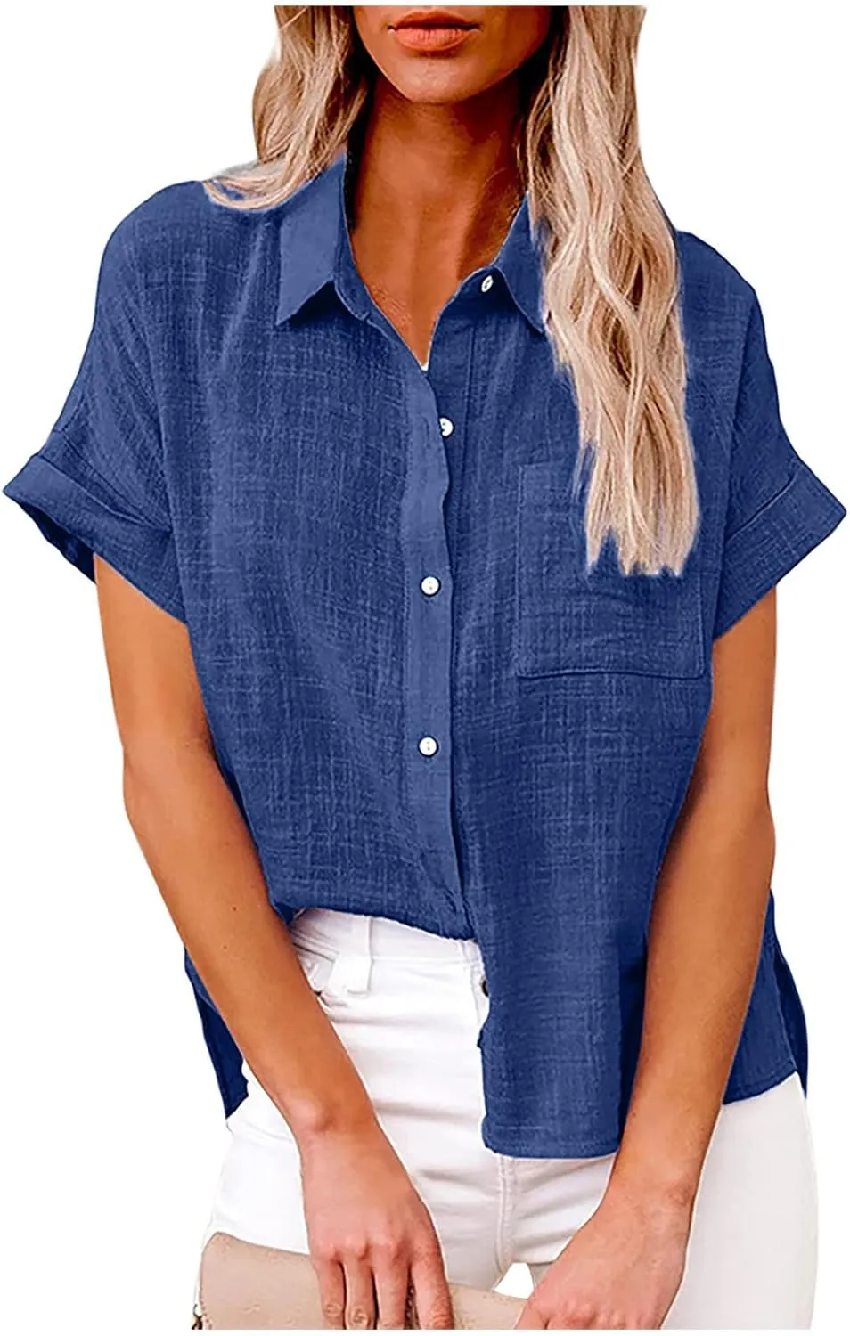 Cotton Linen Shirts for Women Summer Short Sleeve Casual Collared top Loose fit Solid V Neck Button Down T-Shirt tee