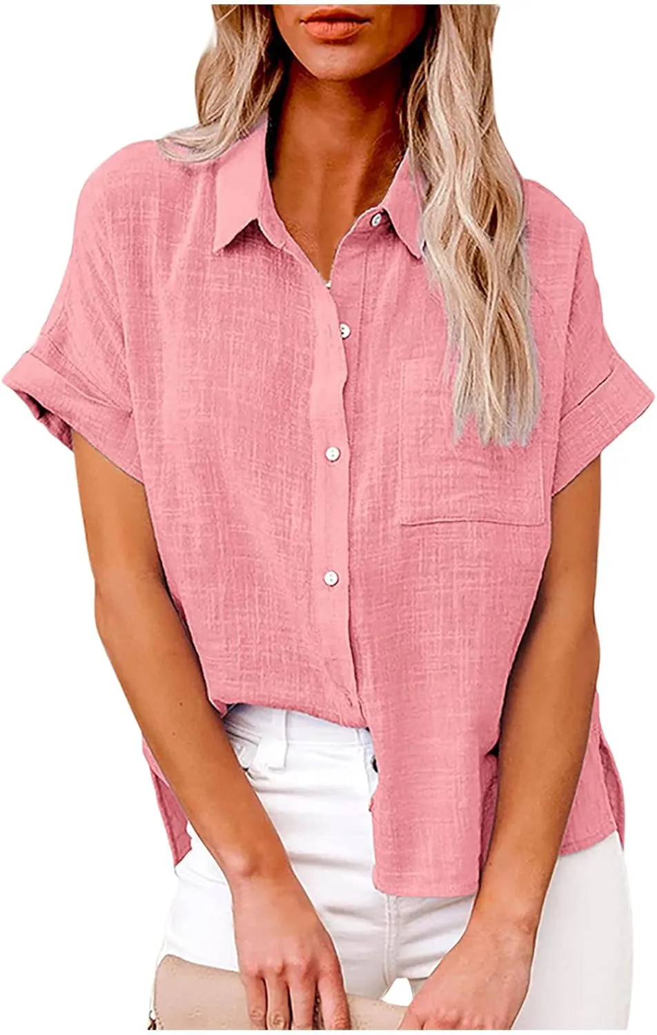 Cotton Linen Shirts for Women Summer Short Sleeve Casual Collared top Loose fit Solid V Neck Button Down T-Shirt tee