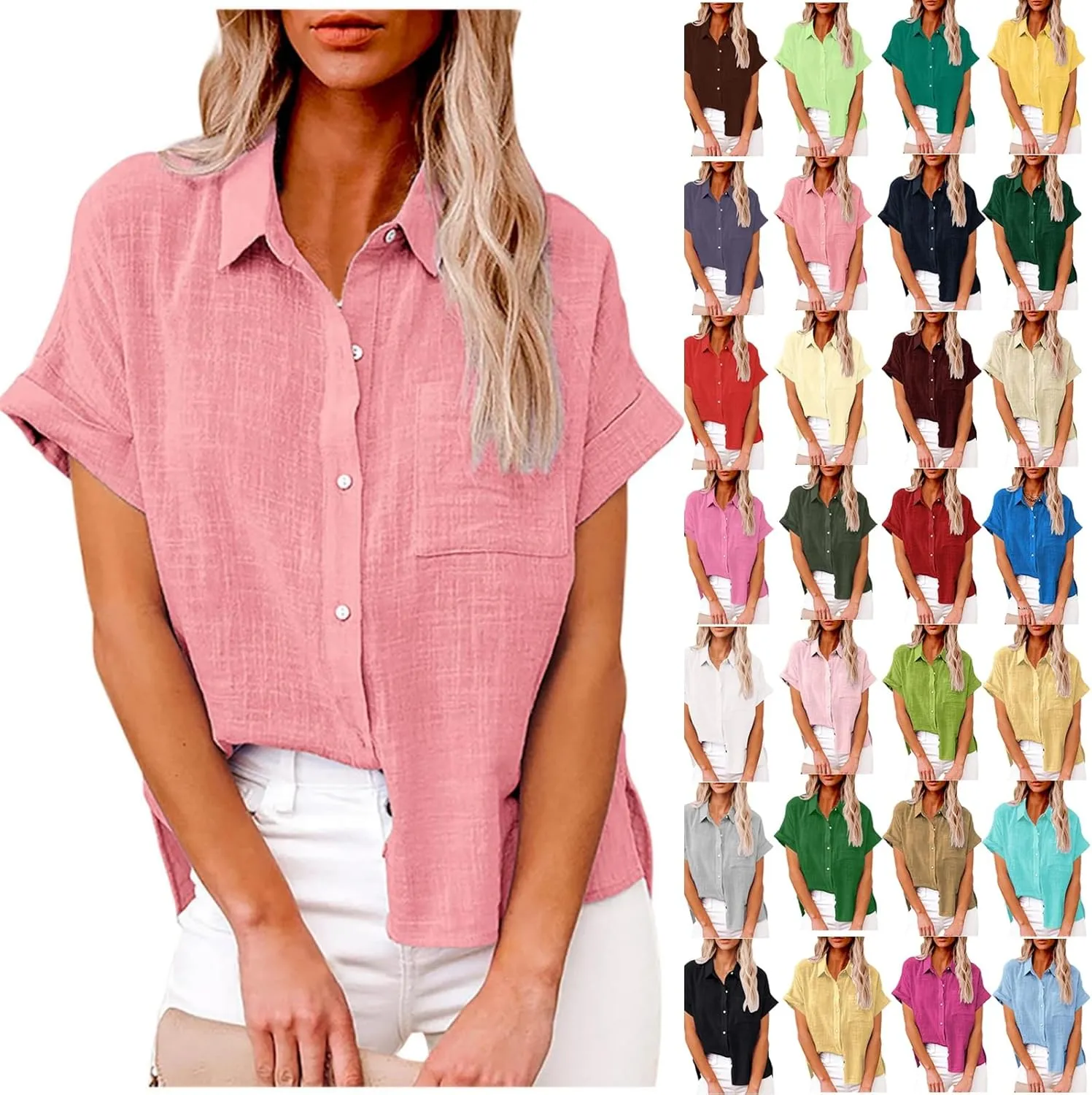 Cotton Linen Shirts for Women Summer Short Sleeve Casual Collared top Loose fit Solid V Neck Button Down T-Shirt tee