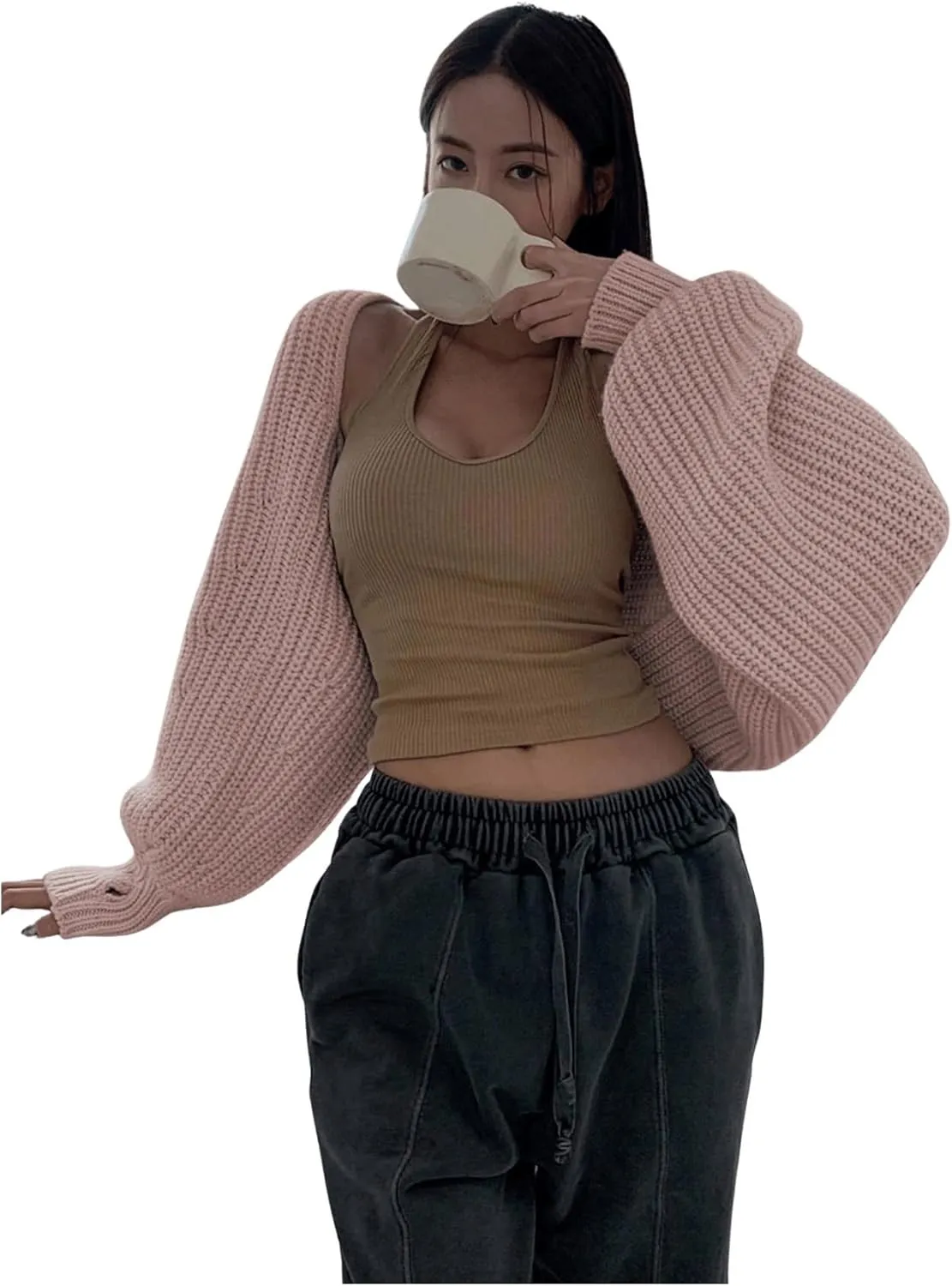 COZYEASE Women's Cropped Cardigan Sweaters Casual Long Lantern Sleeve Open Front Short Bolero Shrugs Chunky Knit Tops Light Pink X-Large