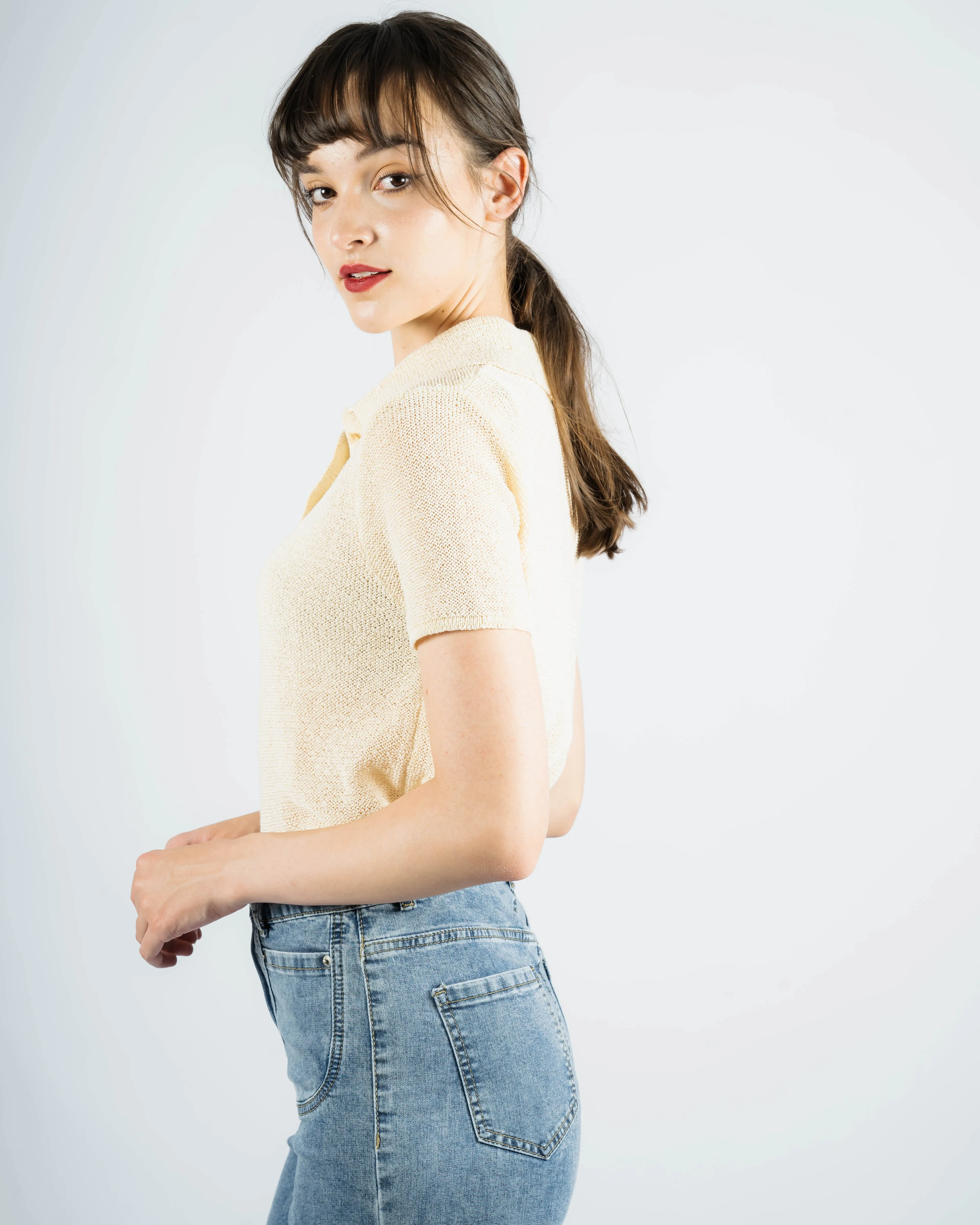 Crochet Short Sleeve Polo Shirt (Beige)