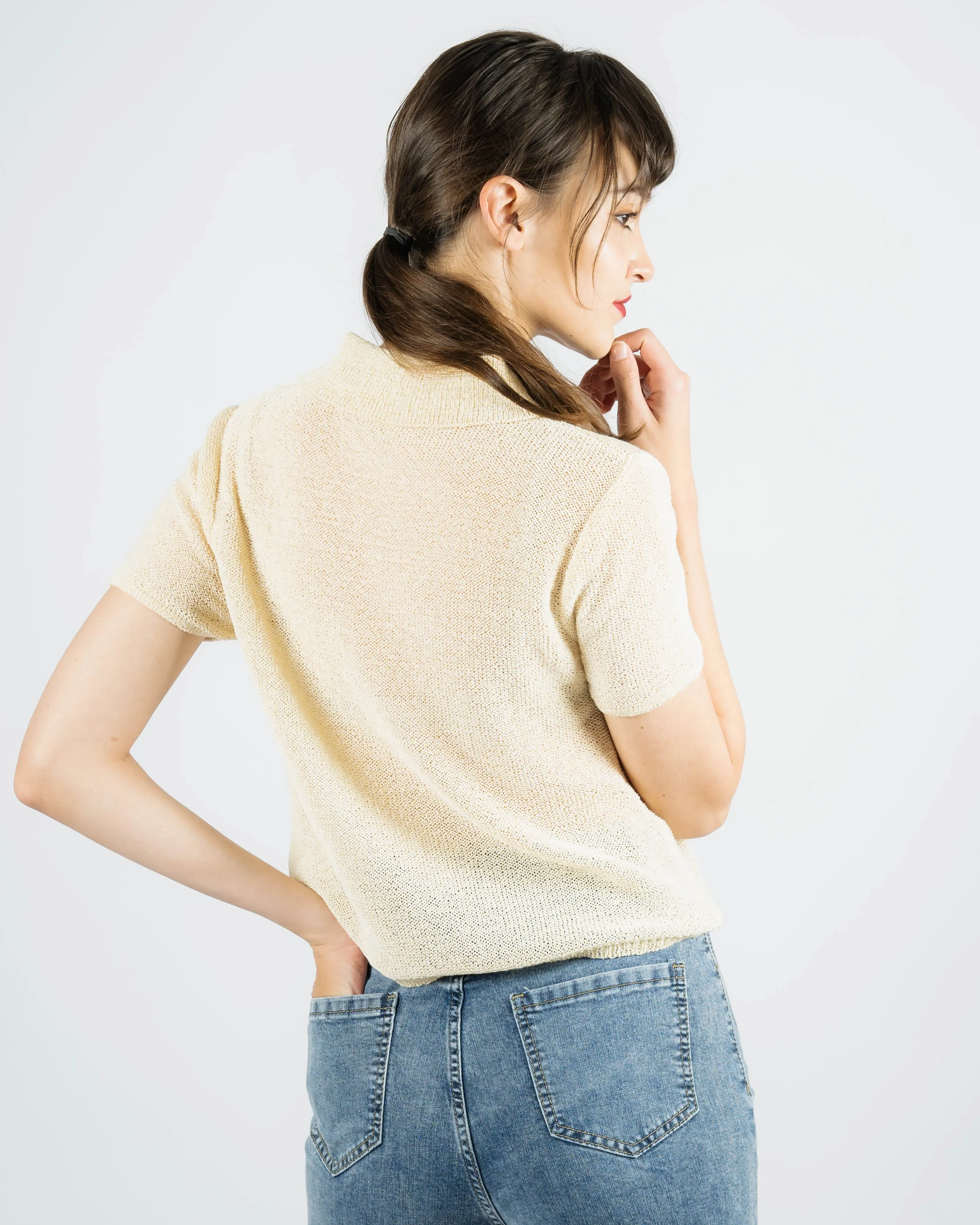 Crochet Short Sleeve Polo Shirt (Beige)