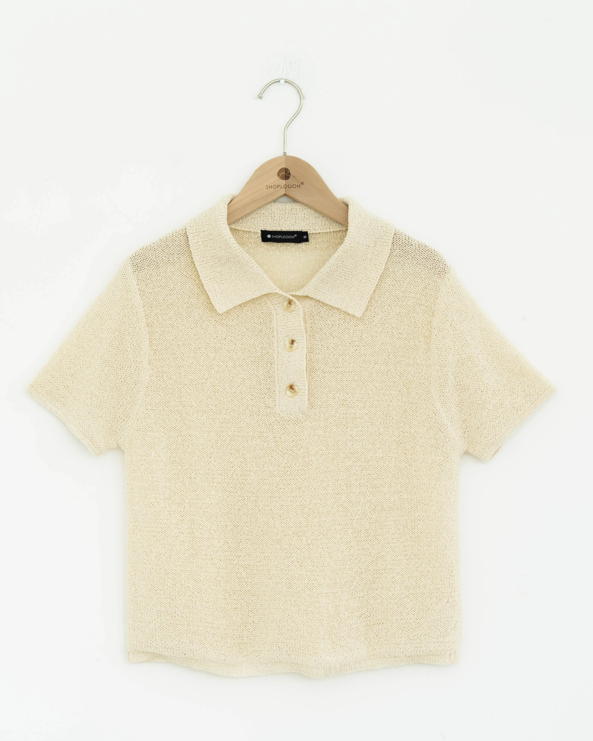 Crochet Short Sleeve Polo Shirt (Beige)