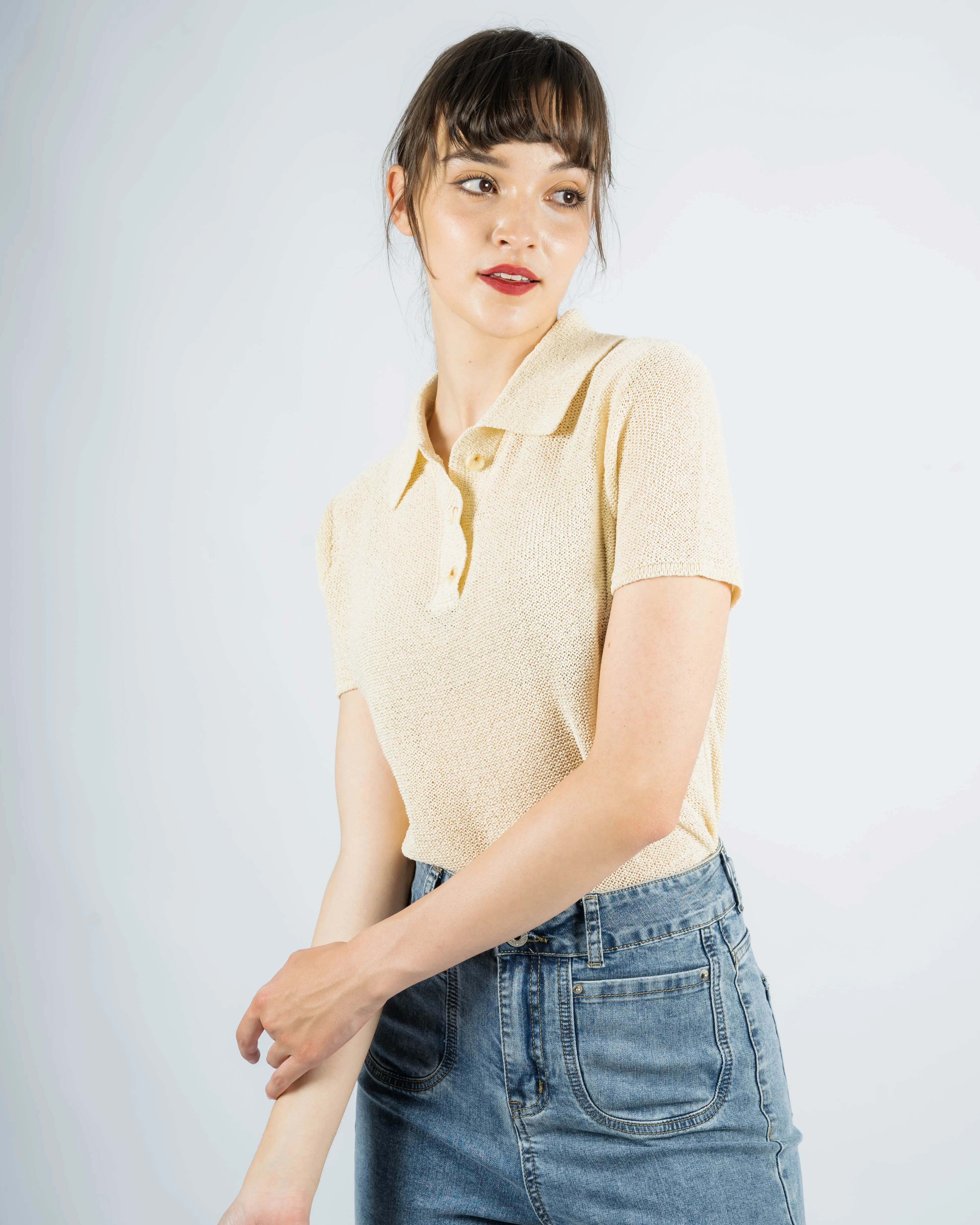 Crochet Short Sleeve Polo Shirt (Beige)