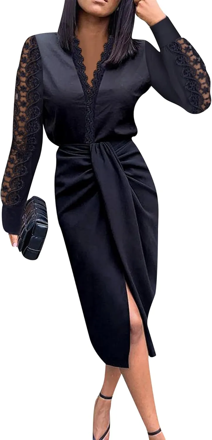 EFOFEI Women's Elegant Floral Lace Bodycon Dress Long Sleeve Cocktail Dress V Neck Evening Party Dress