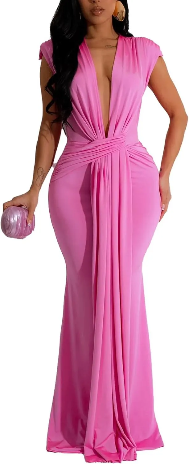 Ekaliy Elegant Bodycon Dresses for Women Deep V Neck Maxi Dress Mermaid Long Dress