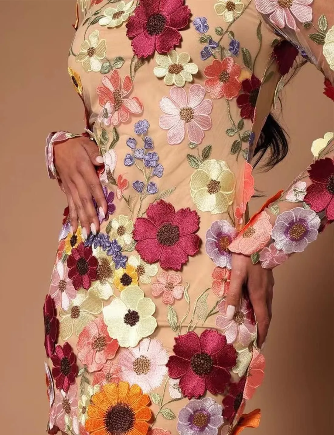 Elegant Embroidered Floral Dress for Women Lace Mini Dress Bodycon Long Sleeve Party Dress for Ladies