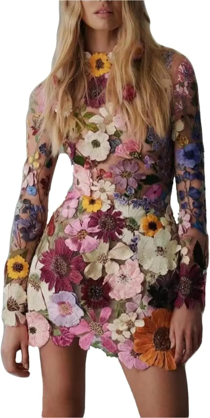 Elegant Embroidered Floral Dress for Women Lace Mini Dress Bodycon Long Sleeve Party Dress for Ladies