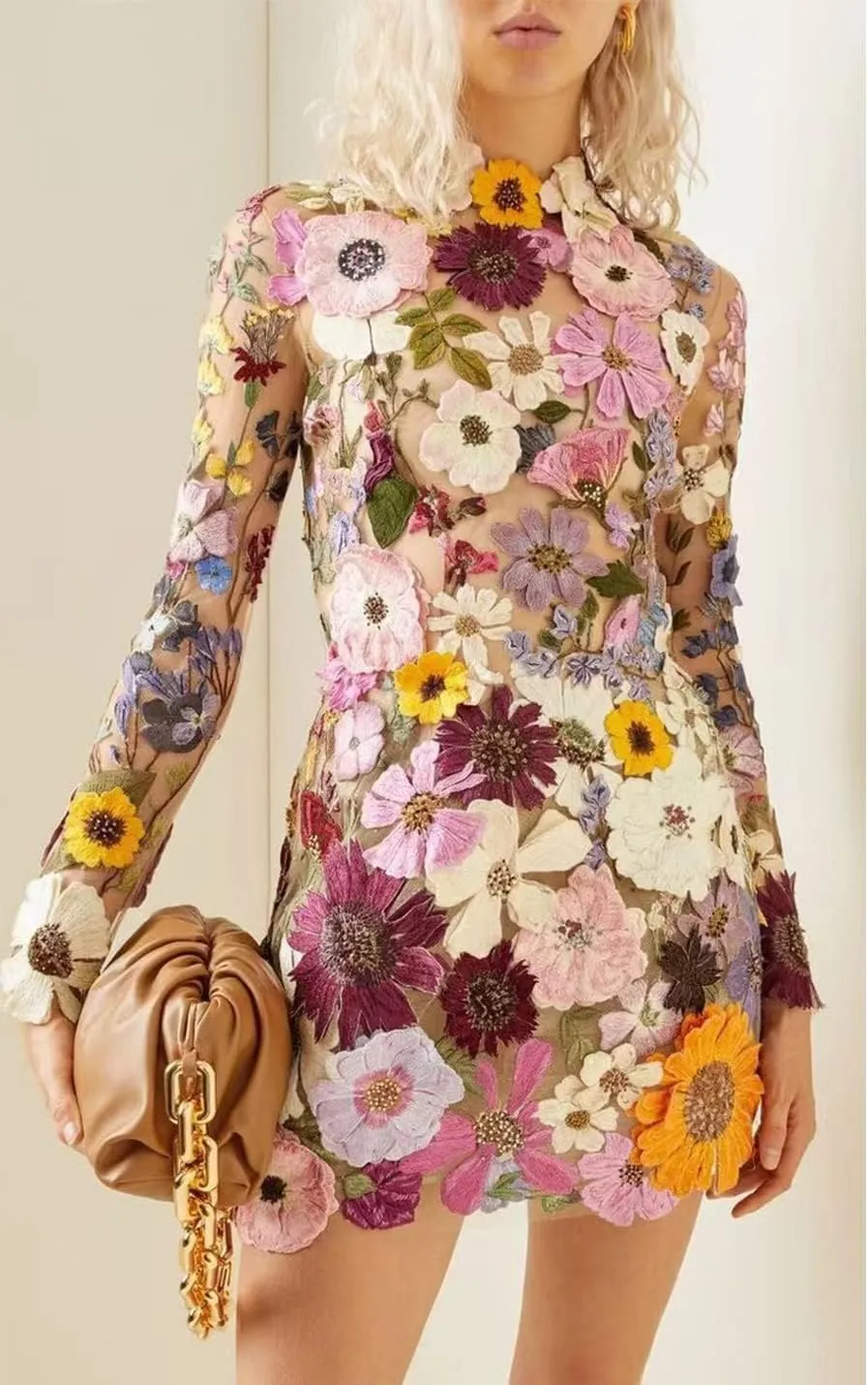Elegant Embroidered Floral Dress for Women Lace Mini Dress Bodycon Long Sleeve Party Dress for Ladies
