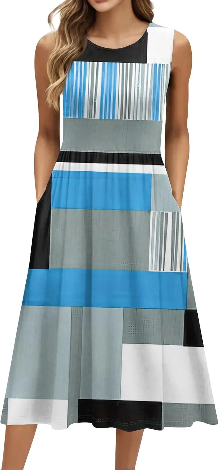 Floral Dress for Women 2025 Elegant Casual A Line Flowy Crew Neck Sleeveless Sundresses Elegant Lightweight Dress with Pocket