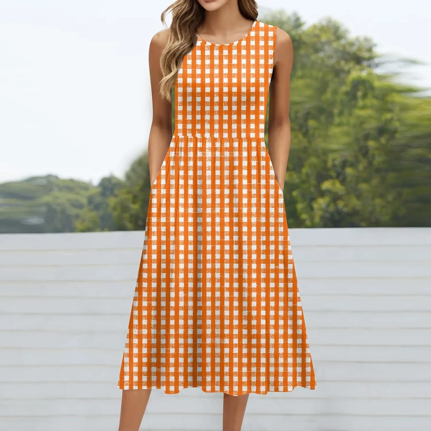 Floral Dress for Women 2025 Elegant Casual A Line Flowy Crew Neck Sleeveless Sundresses Elegant Lightweight Dress with Pocket