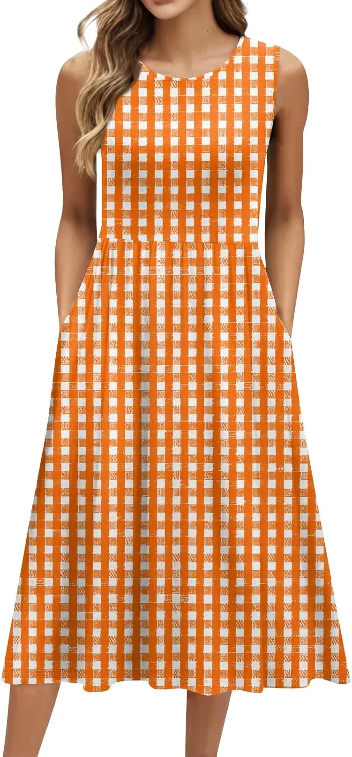 Floral Dress for Women 2025 Elegant Casual A Line Flowy Crew Neck Sleeveless Sundresses Elegant Lightweight Dress with Pocket