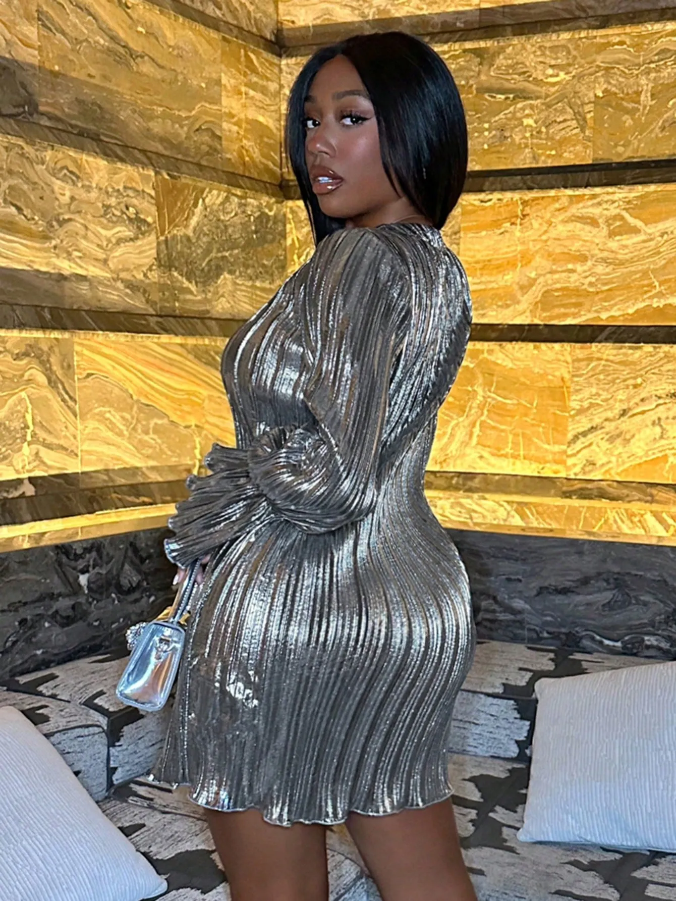 Flounce Sleeve Mock Neck Metallic Dress