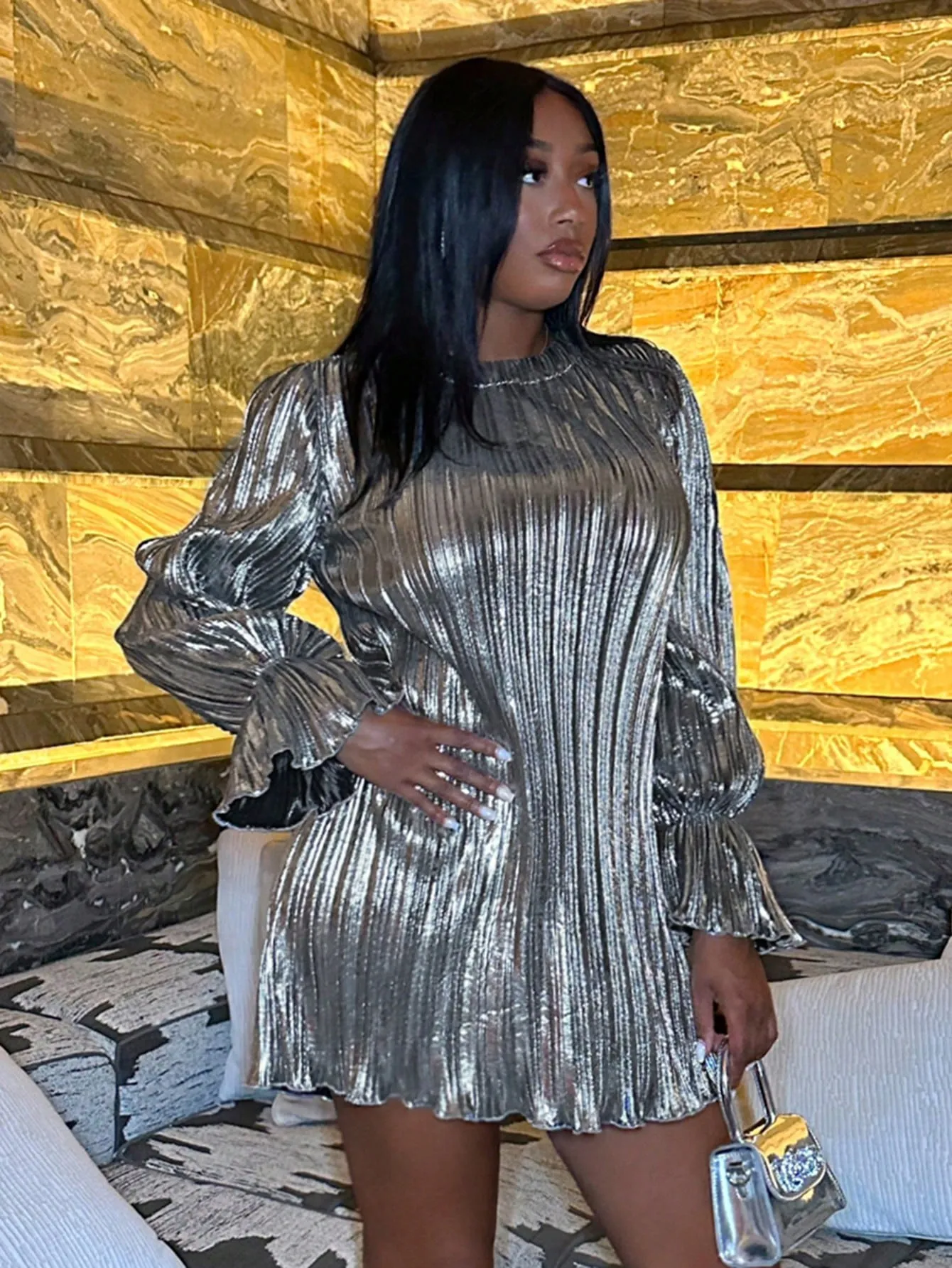 Flounce Sleeve Mock Neck Metallic Dress