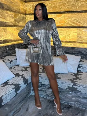 Flounce Sleeve Mock Neck Metallic Dress