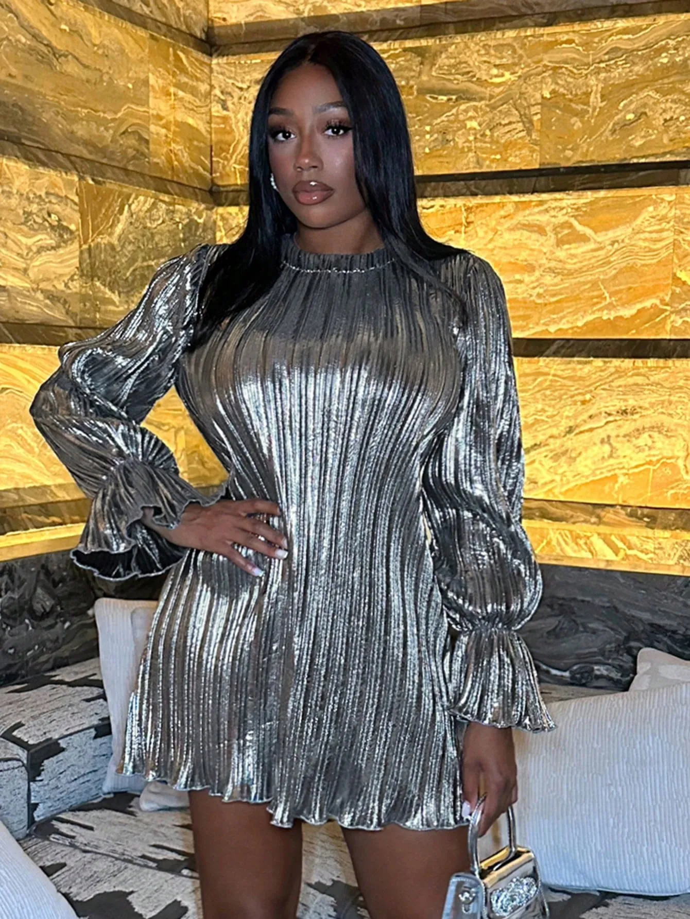 Flounce Sleeve Mock Neck Metallic Dress