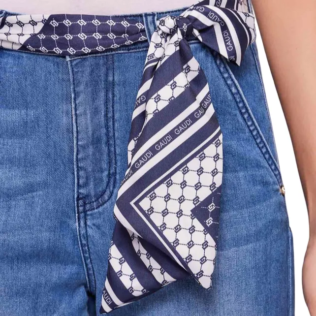Gaudì pantalone jeans da donna largo a vita alta con foulard come cintura 511BD26010 blu chiaro