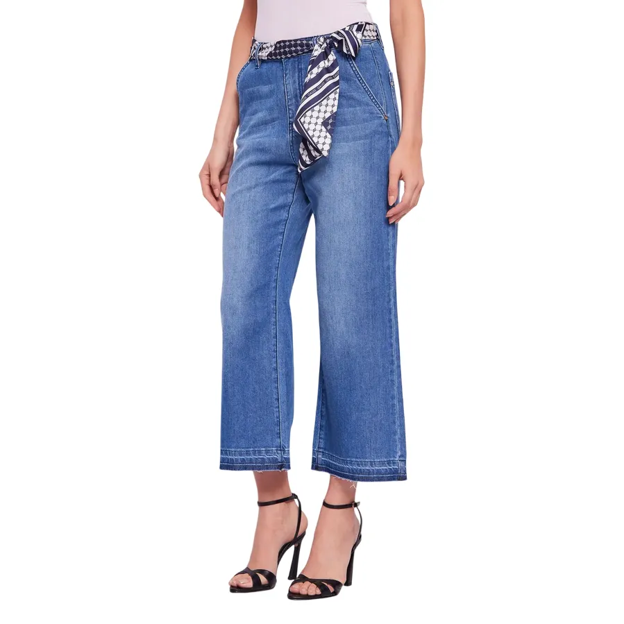 Gaudì pantalone jeans da donna largo a vita alta con foulard come cintura 511BD26010 blu chiaro