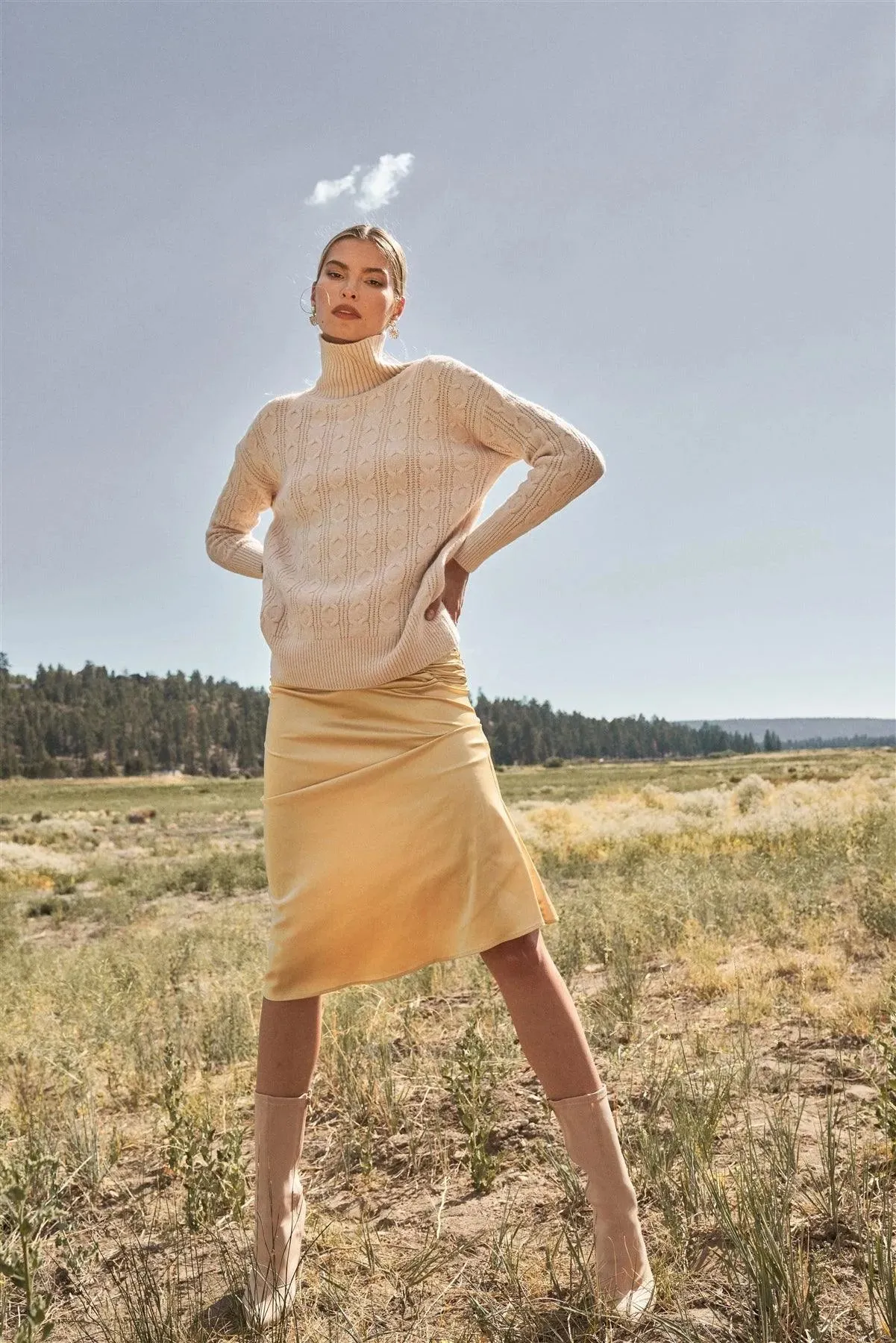 Golden Yellow Satin Ruffle Waist Midi Skirt /3-2-1