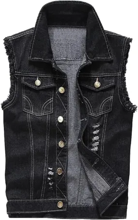 Jade Hare Men's Denim Vest Jean Vest Motorcycle Jacket Casual Style Sleeveless Ripped Denim Jacket