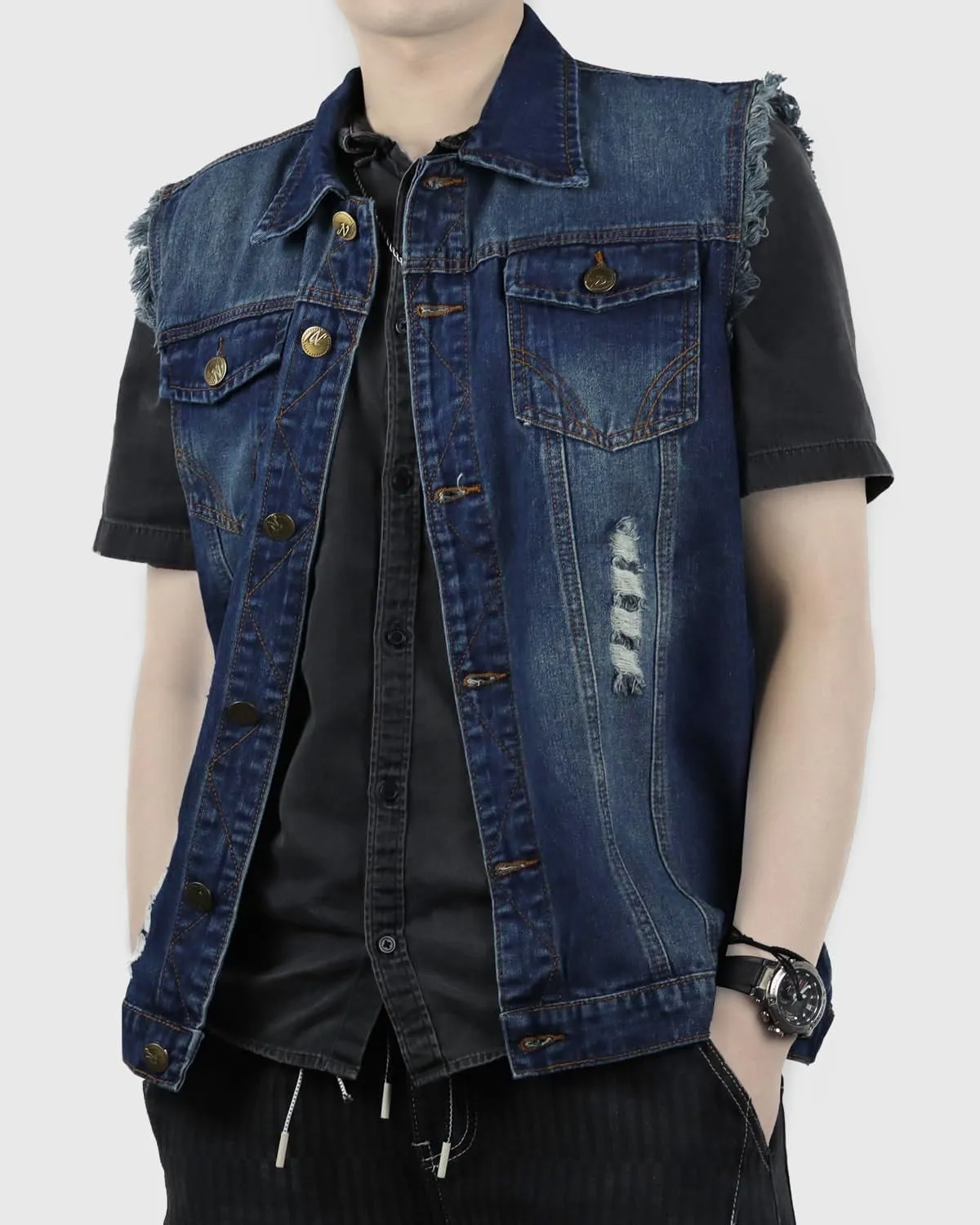 Jade Hare Men's Denim Vest Jean Vest Motorcycle Jacket Casual Style Sleeveless Ripped Denim Jacket