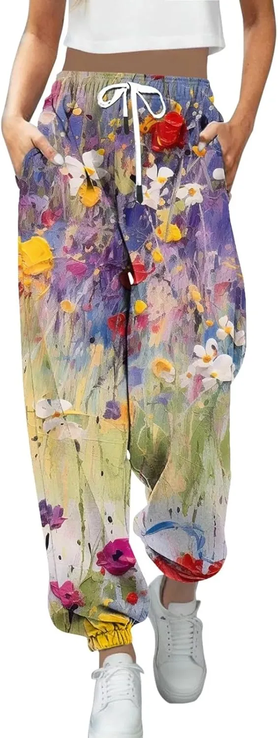 LCMTWX Women Sweatpants with Pockets Drawstring Elastic Waisted Heart Print Bottom Pants Baggy Comfortable Joggers for