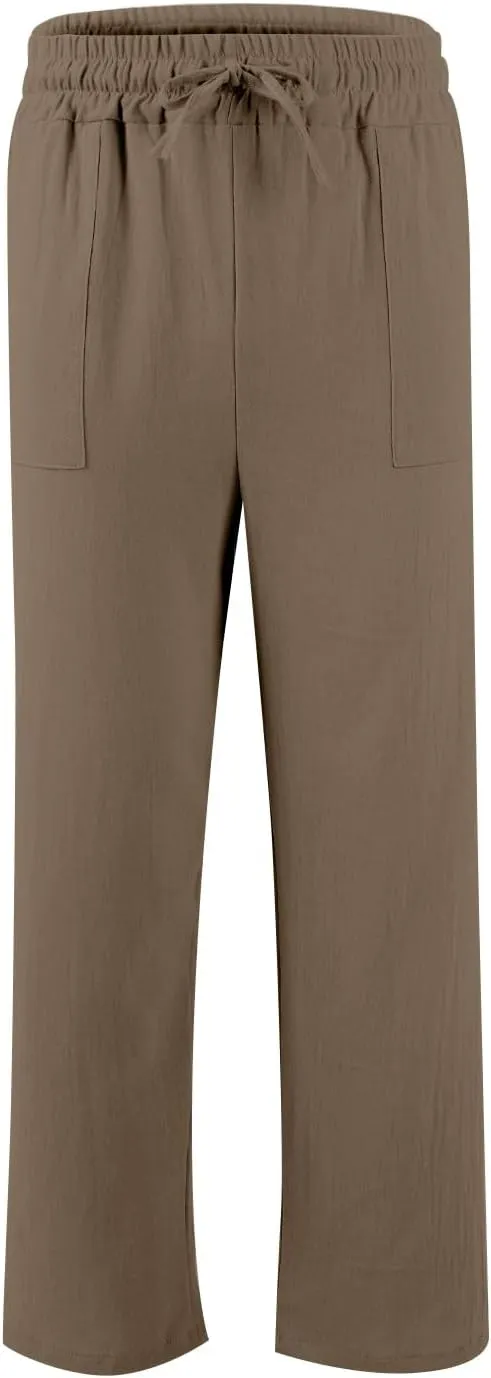 lcyhony Linen Pants Men Summer Casual Elastic Waist Drawstring Beach Pant Relaxed Fit Yoga Travel Lounge Pants with Pockets