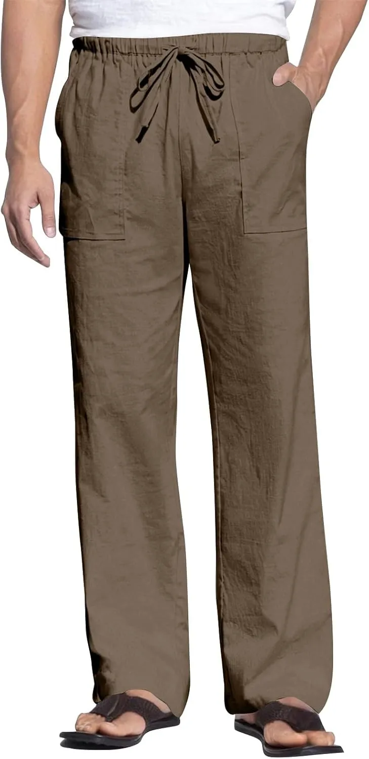 lcyhony Linen Pants Men Summer Casual Elastic Waist Drawstring Beach Pant Relaxed Fit Yoga Travel Lounge Pants with Pockets