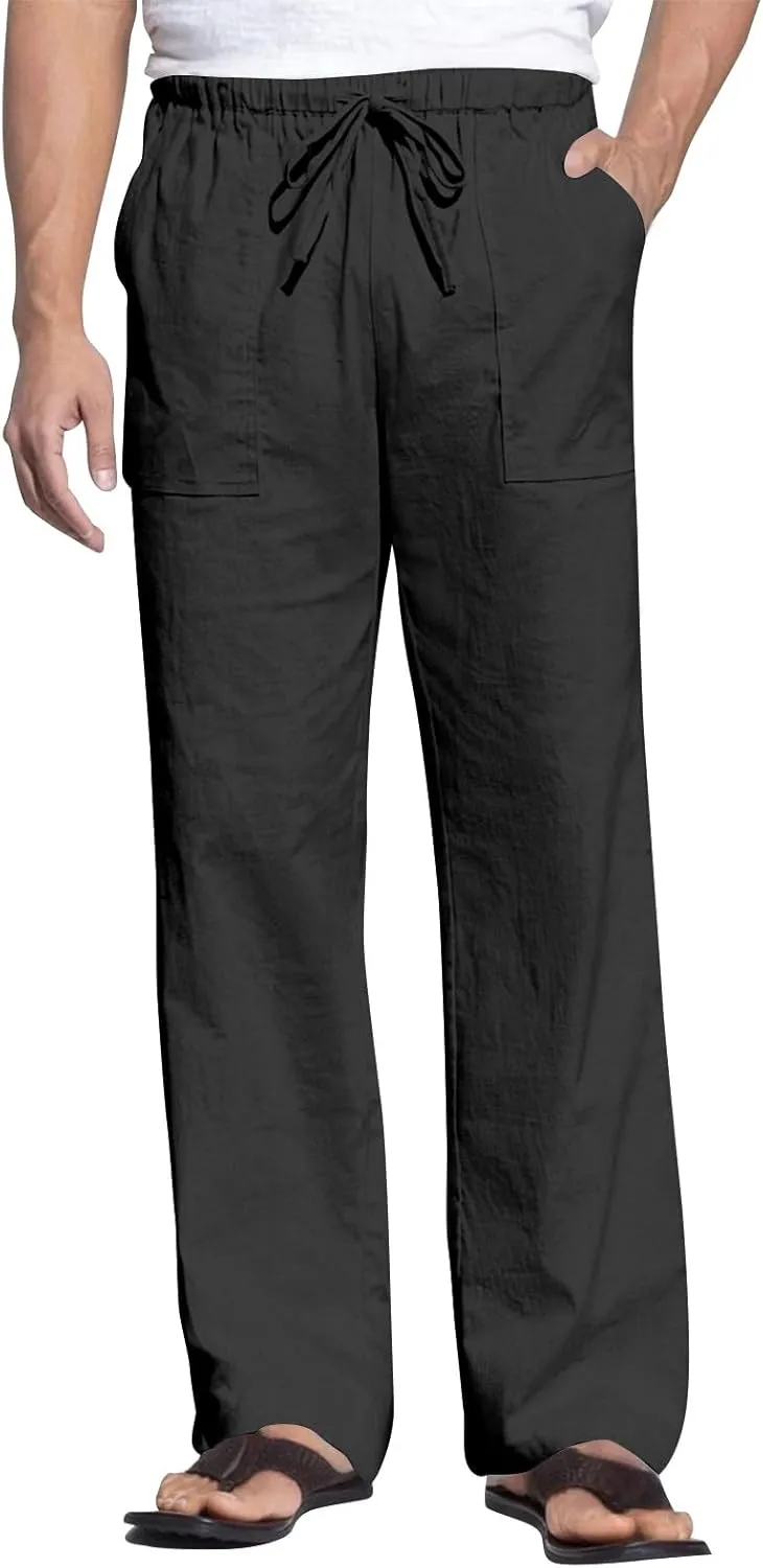lcyhony Linen Pants Men Summer Casual Elastic Waist Drawstring Beach Pant Relaxed Fit Yoga Travel Lounge Pants with Pockets