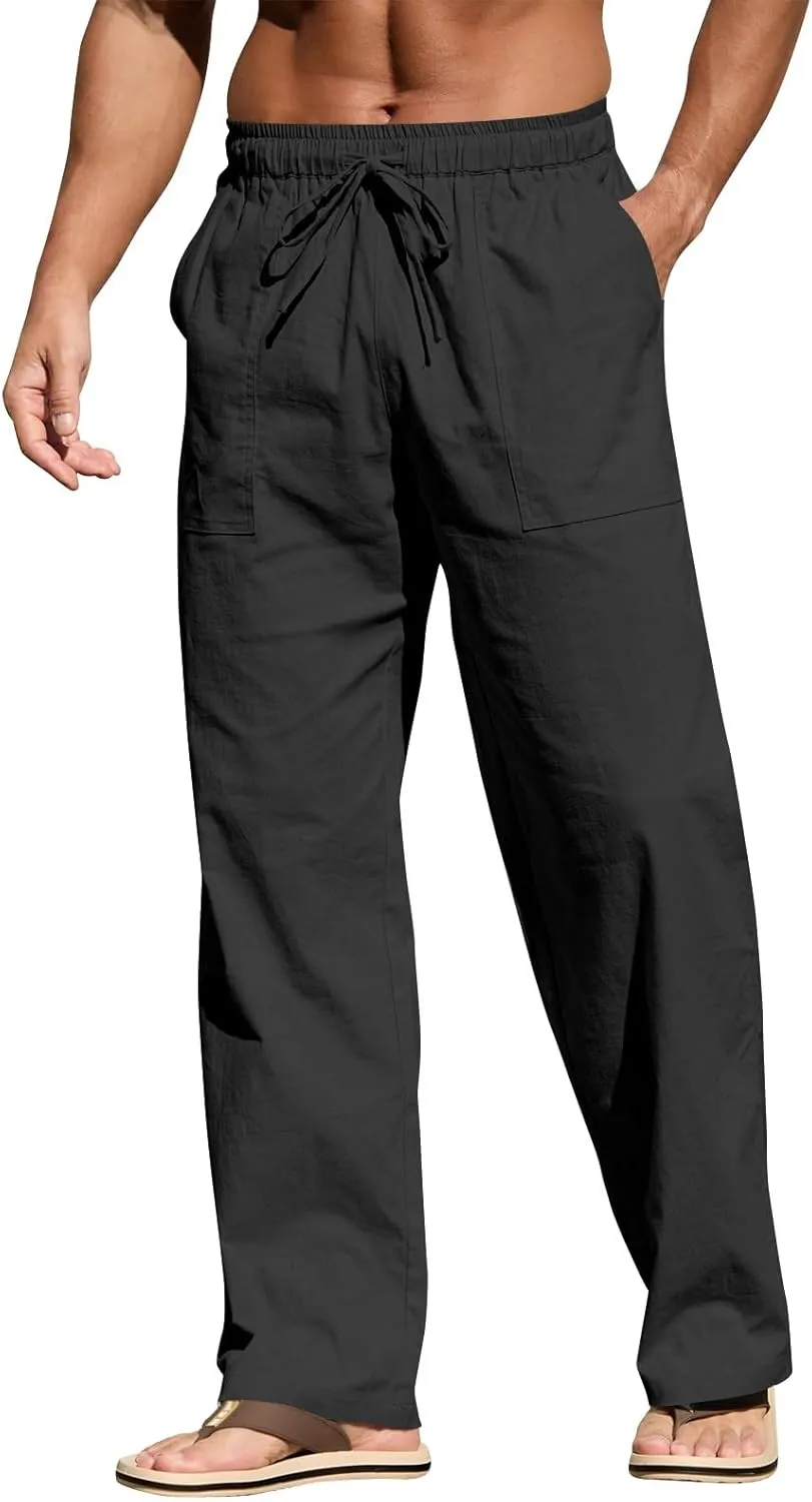lcyhony Linen Pants Men Summer Casual Elastic Waist Drawstring Beach Pant Relaxed Fit Yoga Travel Lounge Pants with Pockets