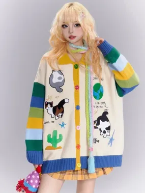 Light Apricot Cute Cat Contrast Polo Collar Cardigan