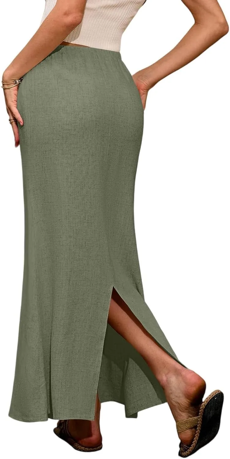 Linen Maxi Skirts for Women Trendy Summer Comfy Drawstring Waist Ankle-Length Skirts Flared Skirt with Back Slit